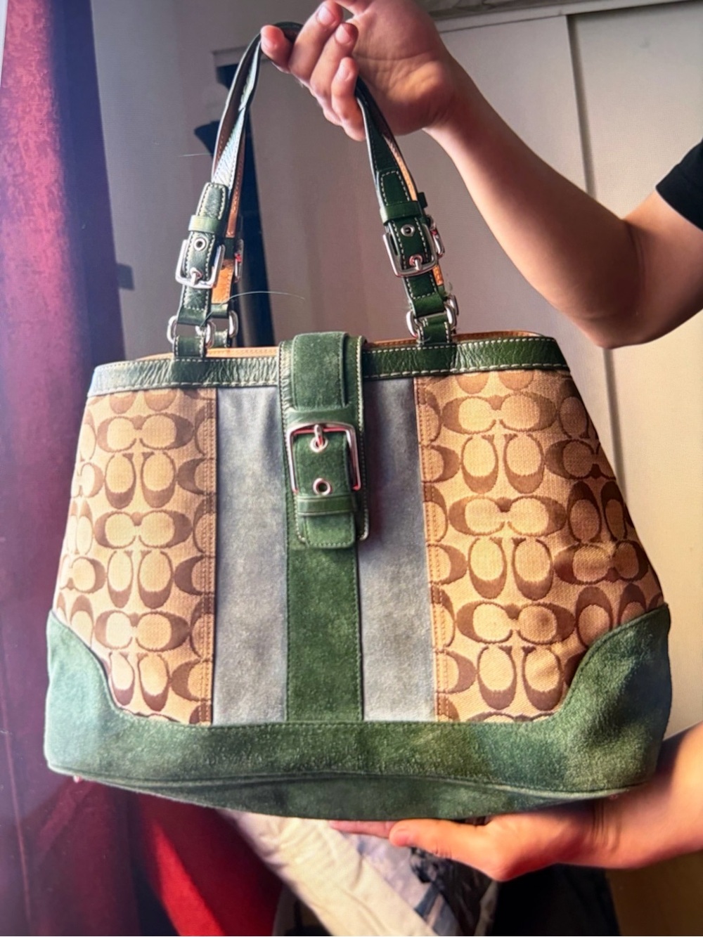 Vintage Coach Green Canvas & Suede Shoulder Bag with Signature Pattern